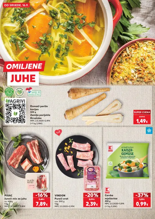 Kaufland katalog — stranica 10: K CLASSIC Carska mješavina, VINDON Pureći vrat, PIVAC Juneći mix za juhu, Domaći peršin korijen (vrijedi 16. 09. 2026.–22. 09. 2026.)