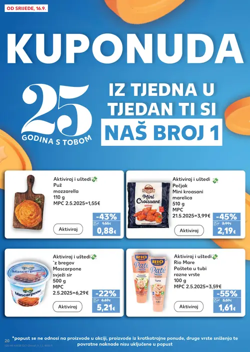 Kaufland katalog — stranica 20: Rio Mare Pašteta u tubi razne vrste, PECJAK Mini kroasani marelica, Puž mozzarella, Mascarpone svježi sir (vrijedi 16. 09. 2026.–22. 09. 2026.)