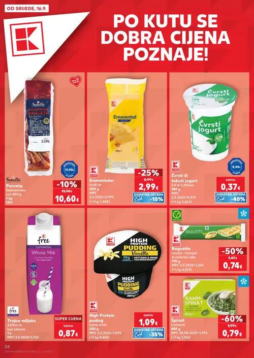 Kaufland katalog — stranica 24: CLASSIC Špinat kremasti, CLASSIC Baguette maslac i češnjak ili začinsko bilje, CLASSIC Emmentaler tvrdi sir, Favorites Dalmatinska panceta (vrijedi 16. 09. 2026.–22. 09. 2026.)