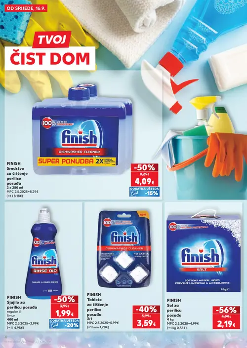 Kaufland katalog — stranica 4: FINISH Sol za perilicu posuđa, FINISH Sredstvo za čišćenje perilice posuđa, FINISH Sjajilo za perilicu posuđa, FINISH Tablete za čišćenje perilice posuđa (vrijedi 16. 09. 2026.–22. 09. 2026.)