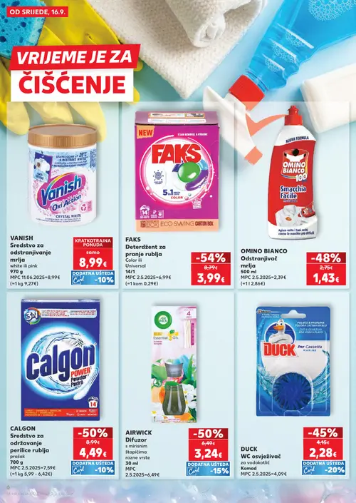 Kaufland katalog — stranica 6: Faks Deterdžent za pranje rublja Color ili Universal, Calgon Power sredstvo za održavanje perilice rublja prašak, Airwick Difuzor s mirisnim štapićima razne vrste, Omino Bianco Odstranjivač mrlja (vrijedi 16. 09. 2026.–22. 09. 2026.)
