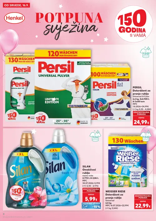 Kaufland katalog — stranica 8: Persil Deterdžent za pranje rublja Universal ili Color 6,6 kg, 2x2,925 L ili 2x50 kom, SILAN Omekšivač rublja razne vrste 2,772 L ili 2,86 L, WEISSER RIESE Deterdžent za pranje rublja Universal 6,5 kg (vrijedi 16. 09. 2026.–22. 09. 2026.)