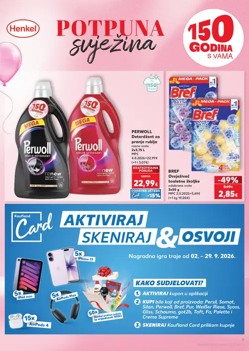 Kaufland katalog — stranica 9: BREF Osvježivač toaletne školjke, PERWOLL Deterdžent za pranje rublja razne vrste (vrijedi 16. 09. 2026.–22. 09. 2026.)