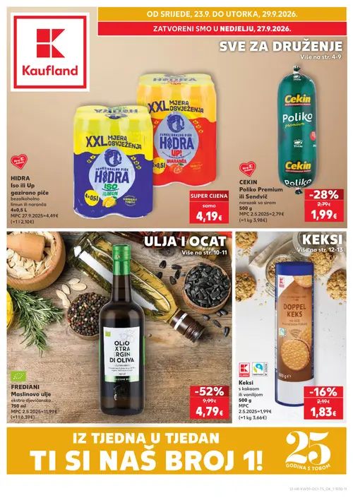 Kaufland katalog — stranica 1: Ulje, Cekin Poliko Premium ili Sendvič, Keksis Doppel Keks, HIDRA Iso ili Up gazirano piće bezalkoholno limun ili naranča 4x0,5 L (vrijedi 23. 09. 2026.–29. 09. 2026.)