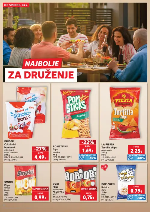 Kaufland katalog — stranica 10: Kinder Schoko-Bons, Lorenz Pomsticks Čips paprika, La Fiesta Tortilla chips, Smoki Flips WOW kikiriki (vrijedi 23. 09. 2026.–29. 09. 2026.)