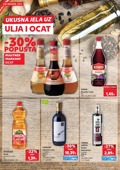 Kaufland katalog — stranica 12: CIDRANI Jabucni ocat s medom, TERRA CRETA Aceto balsamico, KISKO Kvasina, ZVIJEZDA Ocat jabucni ili vinski (vrijedi 23. 09. 2026.–29. 09. 2026.)