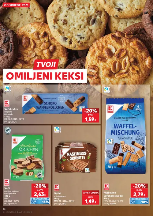 Kaufland katalog — stranica 14: CLASSIC Vafel rolice čokolada, CLASSIC Vafli punjeni kakaom i lješnjacima, CLASSIC Mješavina vafel proizvoda, CLASSIC Vafel (vrijedi 23. 09. 2026.–29. 09. 2026.)