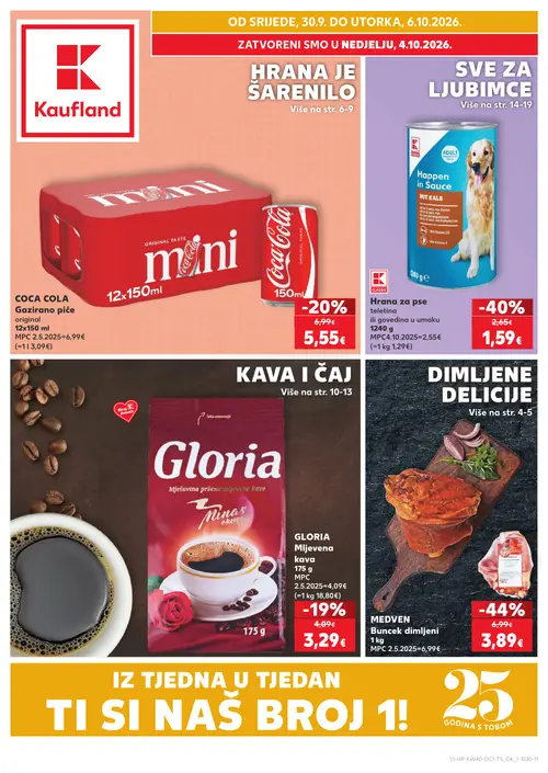 Kaufland katalog — stranica 1: MEDVEN Buncek dimljeni, K Classic Hrana za pse teletina, COCA COLA Gazirano piće original, GLORIA Mljevena kava (vrijedi 30. 09. 2026.–06. 10. 2026.)