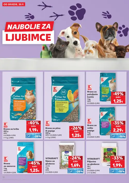 Kaufland katalog — stranica 18: CLASSIC Hrana za patuljaste kuniće, CLASSIC Hrana za zamorce, CLASSIC Hrana za hrčke, CLASSIC Hrana za velike papige (vrijedi 30. 09. 2026.–06. 10. 2026.)