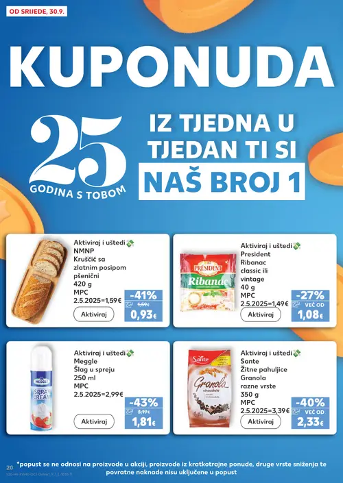 Kaufland katalog — stranica 20: Meggle Šlag u spreju, Kruščić sa zlatnim posipom pšenični, Sante Žitne pahuljice Granola, PRESIDENT Ribanač classic ili vintage (vrijedi 30. 09. 2026.–06. 10. 2026.)