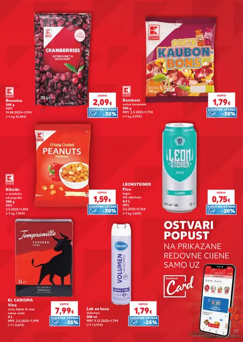 Kaufland katalog — stranica 27: CLASSIC Brusnice, CLASSIC Bomboni voćne karamele, CLASSIC Kikiriki u omotaču od paprike, LEONSTEINER Pivo lager (vrijedi 30. 09. 2026.–06. 10. 2026.)