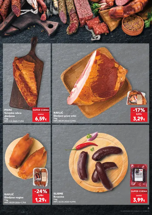 Kaufland katalog — stranica 5: Ravlić Dimljene nogice, Ravlić Dimljeni prsni vršci, Pivac Svijnjska rebra dimljena, Sijeme Krvavice (vrijedi 30. 09. 2026.–06. 10. 2026.)