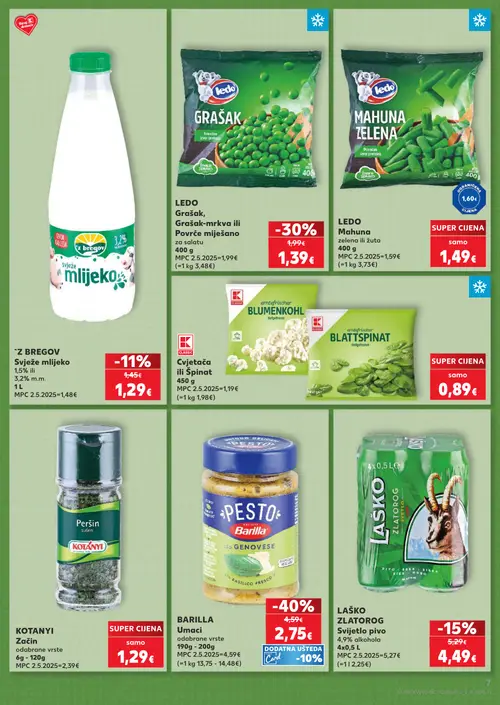 Kaufland katalog — stranica 7: BARILLA Umaci, LEDO Grašak, Grašak-mrkva ili Povrće miješano, LAŠKO Svijetlo pivo, Z BREGOV Svježe mlijeko (vrijedi 30. 09. 2026.–06. 10. 2026.)