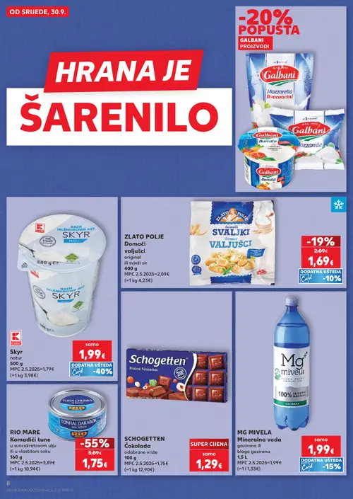 Kaufland katalog — stranica 8: ZLATOPOLJE Domaći svinjski valjušci original ili svježi sir, Skyr natur, RIO MARE Komadići tune u suncokretovom ulju ili vlastitom soku, SCHOGETTEN Čokolada odabrane vrste (vrijedi 30. 09. 2026.–06. 10. 2026.)