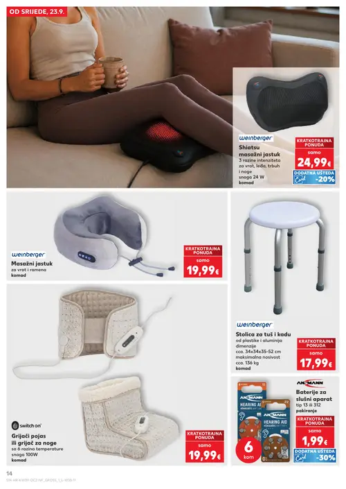 Kaufland katalog — stranica 14: weinberger Shiatsu masažni jastuk, weinberger Masažni jastuk za vrat i ramena, weinberger Stolica za tuš i kadu, ANSMANN Baterije za slušni aparat (vrijedi 23. 09. 2026.–29. 09. 2026.)