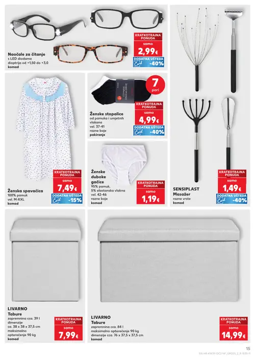 Kaufland katalog — stranica 15: Naočale za čitanje s LED diodama, LIVERGY Ženske stopalice od pamuka i umjetnih vlakana, Ženska spavaćica, Ženske duboke gaćice (vrijedi 23. 09. 2026.–29. 09. 2026.)