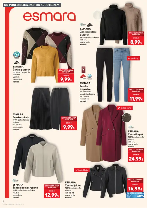 Kaufland katalog — stranica 2: ESMARA Ženski pleteni pulover od umjetnih vlakana, ESMARA Ženske traperice od pamuka i umjetnih vlakana, ESMARA Ženska suknja 100% poliesterska vlakna, ESMARA Ženski kaput 100% poliesterska vlakna (vrijedi 23. 09. 2026.–29. 09. 2026.)