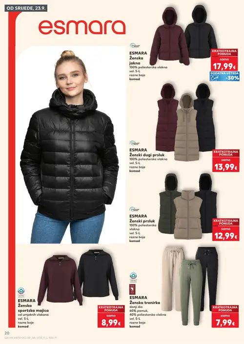 Kaufland katalog — stranica 20: ESMARA Ženska jakna, ESMARA Ženski dugi prsluk, ESMARA Ženski prsluk, ESMARA Ženska sportska majica od umjetnih vlakana (vrijedi 23. 09. 2026.–29. 09. 2026.)