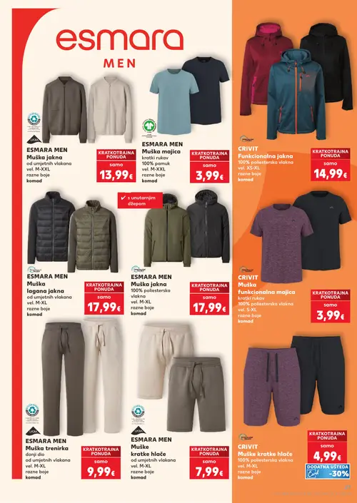 Kaufland katalog — stranica 21: ESMARA MEN Muška jakna od umjetnih vlakana, ESMARA MEN Muška majica kratki rukav, CRIVIT Funkcionalna jakna 100% poliesterska vlakna, ESMARA MEN Muška lagana jakna od umjetnih vlakana (vrijedi 23. 09. 2026.–29. 09. 2026.)