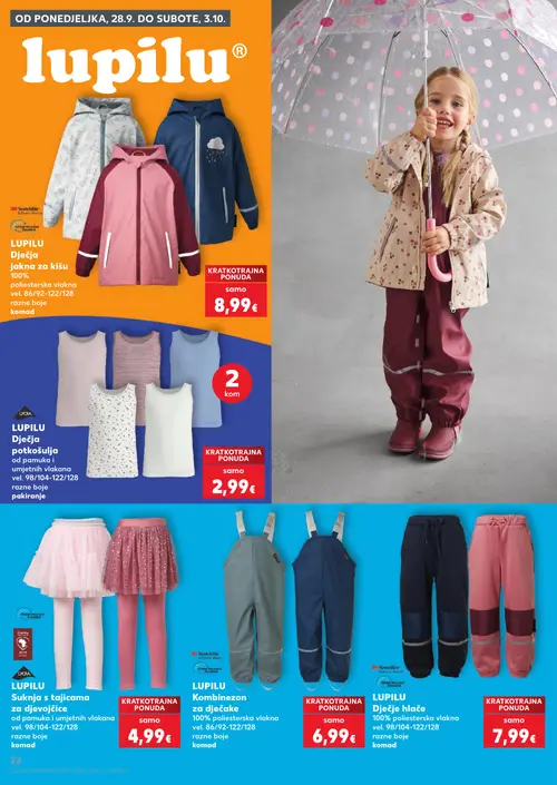Kaufland katalog — stranica 22: LUPILU Dječja jakna za kišu, LUPILU Dječja potkošulja, LUPILU Suknja s tajicama za djevojčice, LUPILU Kombinezon za dječake (vrijedi 23. 09. 2026.–29. 09. 2026.)