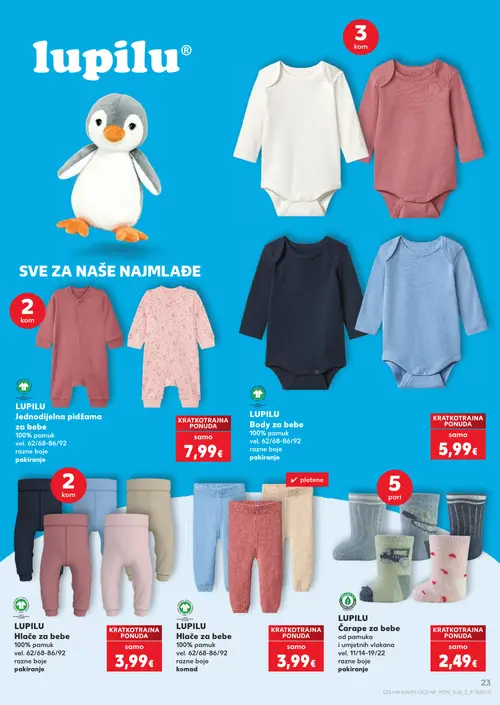 Kaufland katalog — stranica 23: LUPILU Jednodijelna pidžama za bebe, LUPILU Body za bebe, LUPILU Hlače za bebe, LUPILU Hlače za bebe (vrijedi 23. 09. 2026.–29. 09. 2026.)