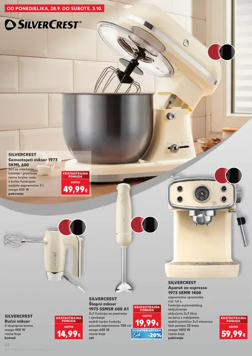 Kaufland katalog — stranica 24: SILVERCREST Samostojeći mikser 1973 SKML 600, SILVERCREST Ručni mikser, SILVERCREST Štapni mikser 1973 SMSR 600 A1, SILVERCREST Aparat za espresso 1973 SEMR 1400 (vrijedi 23. 09. 2026.–29. 09. 2026.)