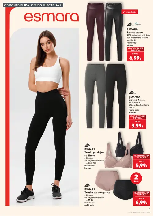 Kaufland katalog — stranica 3: ESMARA Ženske tajice, ESMARA Ženske tajice, ESMARA Ženski grudnjak sa žicom, ESMARA Ženske stezne gaćice (vrijedi 23. 09. 2026.–29. 09. 2026.)