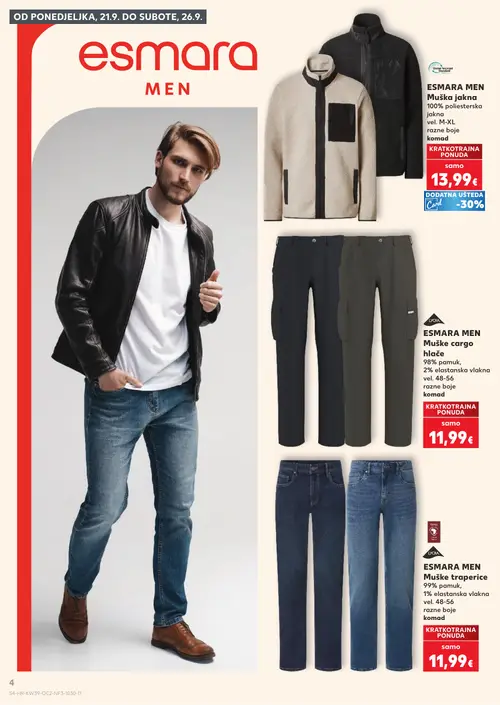 Kaufland katalog — stranica 4: ESMARA MEN Muška jakna 100% poliesterska, ESMARA MEN Muške cargo hlače, ESMARA MEN Muške traperice (vrijedi 23. 09. 2026.–29. 09. 2026.)