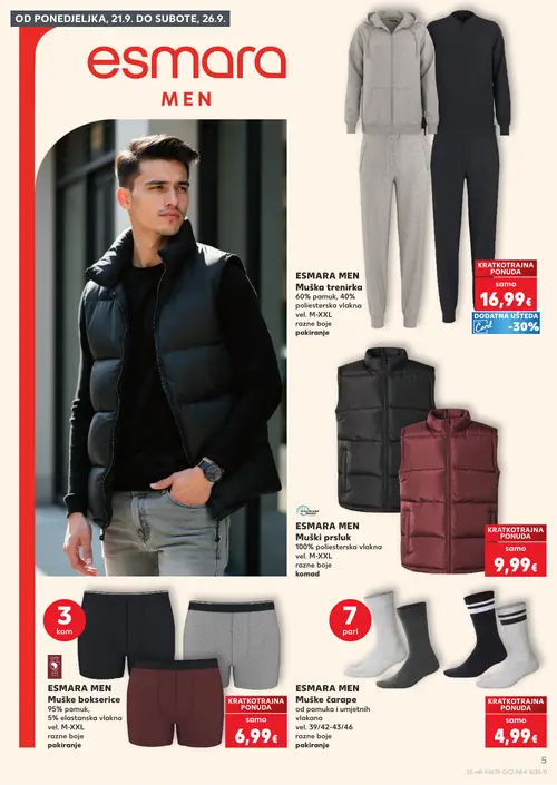 Kaufland katalog — stranica 5: ESMARA MEN Muška trenirka, ESMARA MEN Muški prsluk, ESMARA MEN Muške bokserice, ESMARA MEN Muške čarape (vrijedi 23. 09. 2026.–29. 09. 2026.)