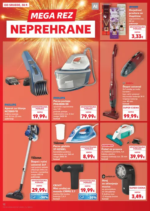 Kaufland katalog — stranica 12: areon Osvježivač prostora sa štapićima, PHILIPS Aparat za šišanje HC3505/15, PHILIPS Parna postaja PSG2000/20, BOSCH Štapni usisavač 2u1 (vrijedi 30. 09. 2026.–06. 10. 2026.)