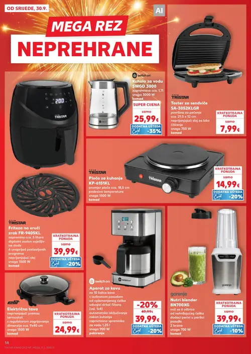 Kaufland katalog — stranica 14: switch on Aparat za kavu, switch on Kuhalo za vodu SWGD 3000, Tristar Toster za sendviče SA-3052KLGR, Tristar Friteza na vrući zrak FR-9405KL (vrijedi 30. 09. 2026.–06. 10. 2026.)