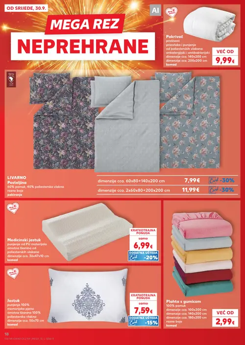 Kaufland katalog — stranica 18: Pokrivač, Posteljina dimenzije cca. 140x200 cm, Posteljina dimenzije 2x60x80+200x200 cm, Medicinski jastuk (vrijedi 30. 09. 2026.–06. 10. 2026.)