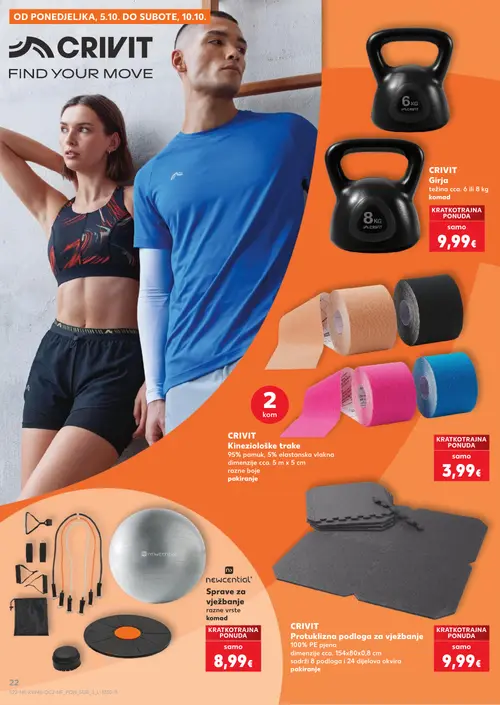 Kaufland katalog — stranica 22: CRIVIT Girja, CRIVIT Kineziološke trake, CRIVIT Protuklizna podloga za vježbanje, newcential Sprave za vježbanje (vrijedi 30. 09. 2026.–06. 10. 2026.)