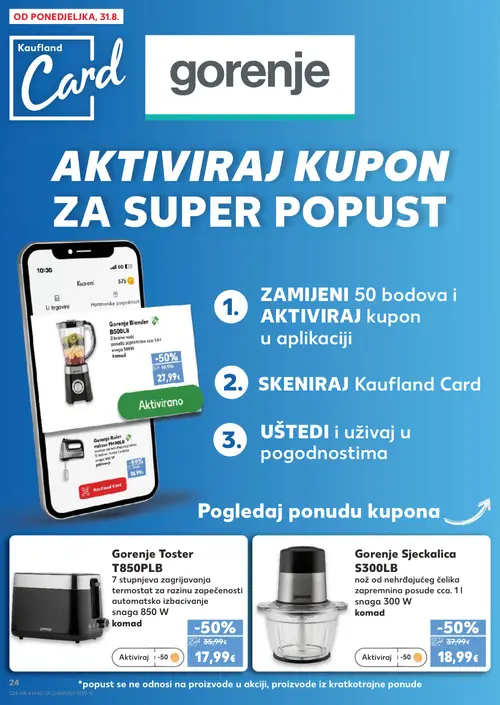 Kaufland katalog — stranica 24: Gorenje Blender B500LB, Gorenje Toaster T850PLB, Gorenje Sjeckalica S300LB, Gorenje Ručni mikser M450LB (vrijedi 30. 09. 2026.–06. 10. 2026.)