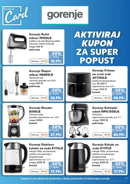 Kaufland katalog — stranica 25: Gorenje Kuhalo za vodu K17PLB, Gorenje Kuhinjski robot MMC1500LB, Gorenje Stakleno kuhalo za vodu K17GLB, Gorenje Ručni mikser M450LB (vrijedi 30. 09. 2026.–06. 10. 2026.)