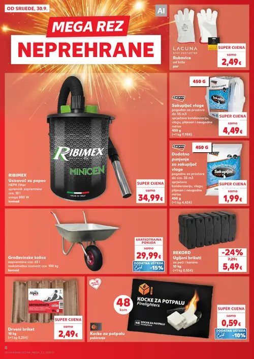 Kaufland katalog — stranica 8: REKORD Ugljeni briketi, LACUNA Rukavice od kože, TEXO Sakupljač vlage, TEXO Dodatno punjenje za sakupljač vlage (vrijedi 30. 09. 2026.–06. 10. 2026.)