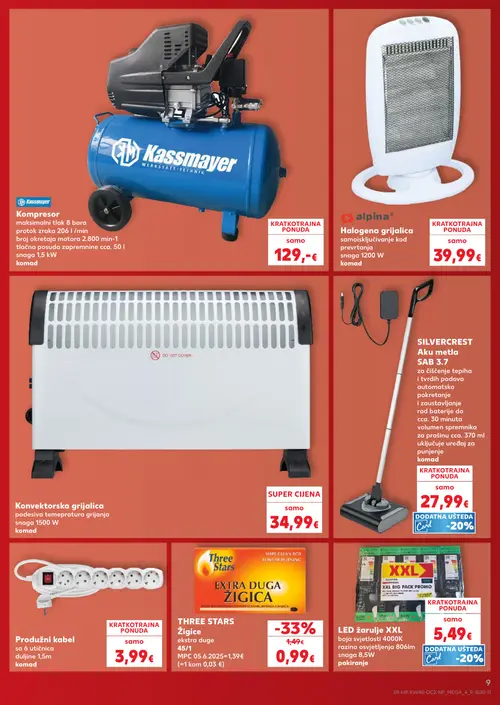 Kaufland katalog — stranica 9: THREE STARS Žigice extra duge, Kassmayer Kompresor, alpiina Halogena grijalica, Konvektorska grijalica (vrijedi 30. 09. 2026.–06. 10. 2026.)