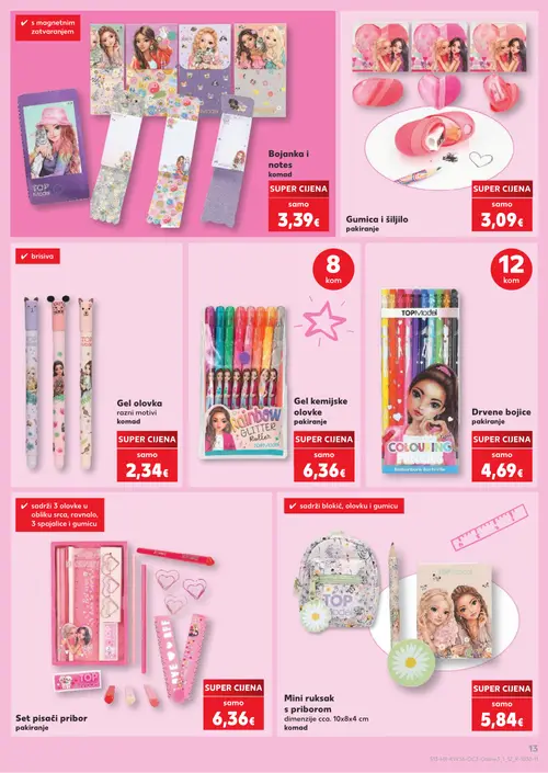 Kaufland katalog — stranica 13: TOP Model Bojanka i notes, Gumica i šiljilo, TOP Model Gel olovka, TOP Model Gel kemijske olovke (vrijedi 01. 09. 2026.–13. 09. 2026.)