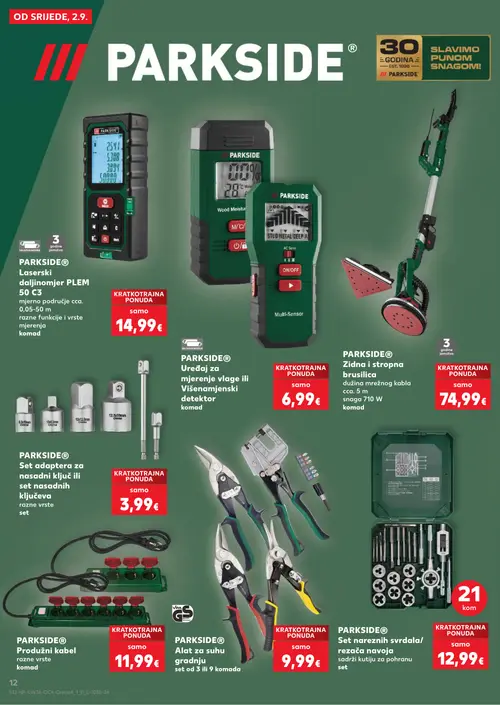 Kaufland katalog — stranica 12: PARKSIDE PARKSIDE® Laserski daljinomjer PLEM 50 C3, PARKSIDE PARKSIDE® Uređaj za mjerenje vlage ili Višenamjenski detektor, PARKSIDE PARKSIDE® Zidna i stropna brusilica, PARKSIDE PARKSIDE® Set adaptera za nasadni ključ ili set nasadnih ključeva razne vrste (vrijedi 02. 09. 2026.–15. 09. 2026.)