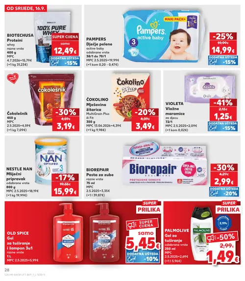 Kaufland katalog — stranica 28: PALMOLIVE Gel za tuširanje, VIOLETA Vlažne maramice za djecu, Čokolešnik, BIOREPAIR Pasta za zube (vrijedi 16. 09. 2026.–22. 09. 2026.)