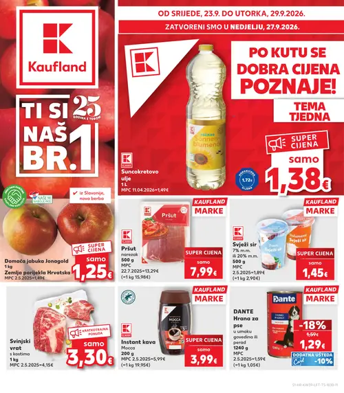 Kaufland katalog — stranica 1: CLASSIC Instant kava Mocca, CLASSIC Svježi sir 7% m.m. ili 20% m.m., Svinjski vrat s kostima, DANTE Hrana za pse u umaku govedina ili perad (vrijedi 23. 09. 2026.–29. 09. 2026.)