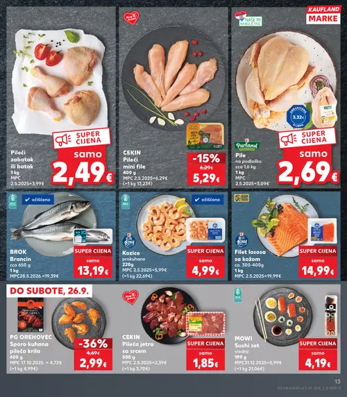 Kaufland katalog — stranica 13: BLUE BAY Kozice prokuhaane, Pileći zabatak ili batak, PG OREHOVEC Sporo kuhana pileća krila, BROK Brancin (vrijedi 23. 09. 2026.–29. 09. 2026.)