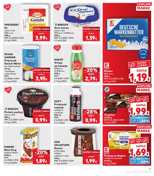 Kaufland katalog — stranica 17: K Maslac, ZOTT Proteinski napitak, KINDER Maxi King mliječni desert, DUKAT Vrhnje za kuhanje (vrijedi 23. 09. 2026.–29. 09. 2026.)