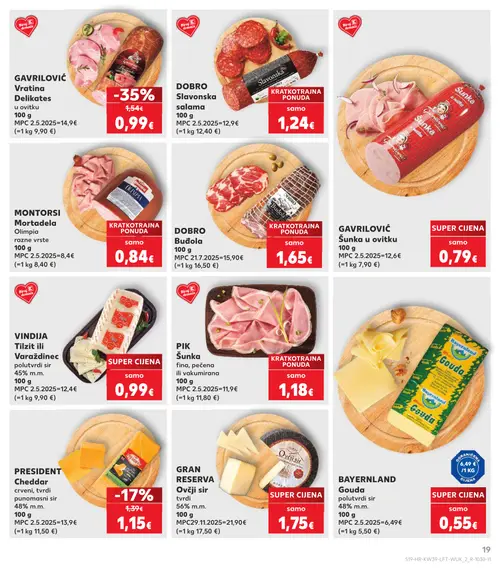 Kaufland katalog — stranica 19: GAVRILOVIĆ Vratina Delikates u ovitku, PRESIDENT Cheddar crveni, tvrdi punomasni sir 48% m.m. (vrijedi 23. 09. 2026.–29. 09. 2026.)