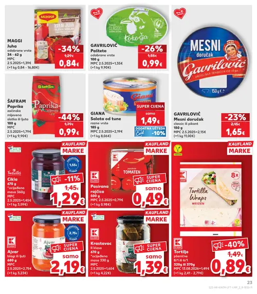 Kaufland katalog — stranica 23: ŠAFRAM Paprika mljevena, KAUFLAND MARKE Tortilje pšenične, MAGGI Krem juha, GIANA Salata od tune (vrijedi 23. 09. 2026.–29. 09. 2026.)