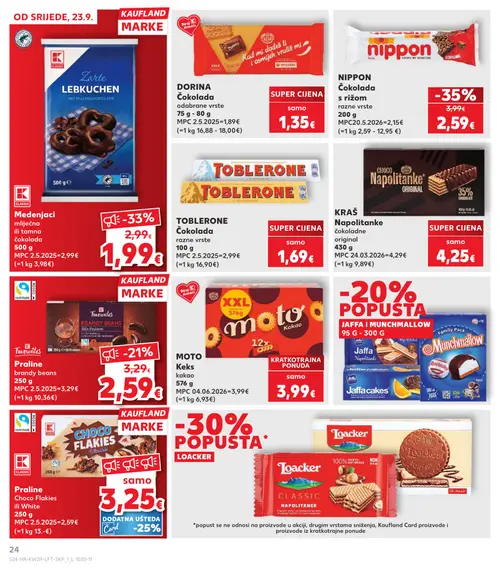 Kaufland katalog — stranica 24: Toblerone čokolada razne vrste, Nippon čokolada s rižom razne vrste, Kaufland Marke Zarte Lebkuchen mit Milchschokolade, Kaufland Marke Praline brandy beans (vrijedi 23. 09. 2026.–29. 09. 2026.)