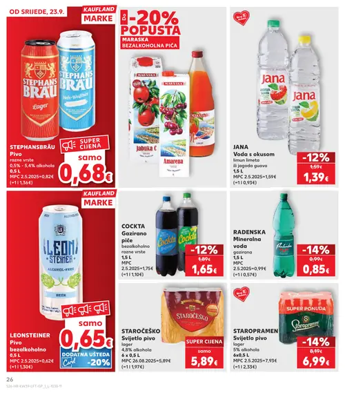 Kaufland katalog — stranica 26: STAROPRAMEN Svijetlo pivo, RADENSKA Mineralna voda gazirana, COCKTA Gazirano piće bezalkoholno, JANA Voda s okusom limun limeta ili jagoda guava (vrijedi 23. 09. 2026.–29. 09. 2026.)