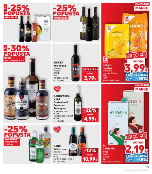 Kaufland katalog — stranica 27: ĐAKOVAČKA VINA Graševina ili Cabernet Sauvignon kvalitetno vino, BADEL Pelinkovac gorki ili orange (vrijedi 23. 09. 2026.–29. 09. 2026.)