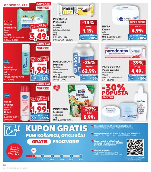 Kaufland katalog — stranica 28: PARODONTAX Pasta za zube razne vrste 75 ml, PODRAVKA Lješnjak čokolino 1 kg, POLLEOSPORT Proteini 1st Whey Swiss chocolate ili jagoda 2,27 kg, KUMBO Vlažne maramice Baby mild 4x80/1 (vrijedi 23. 09. 2026.–29. 09. 2026.)