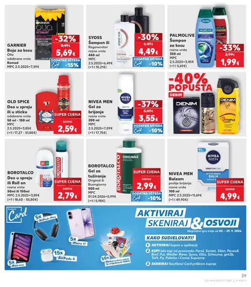 Kaufland katalog — stranica 29: NIVEA MEN Gel za brijanje razne vrste 200 ml, PALMOLIVE Šampon za kosu razne vrste 350 ml, GARNIER Boja za kosu Olia, SYOSS Šampon ili Regenerator razne vrste 440 ml (vrijedi 23. 09. 2026.–29. 09. 2026.)